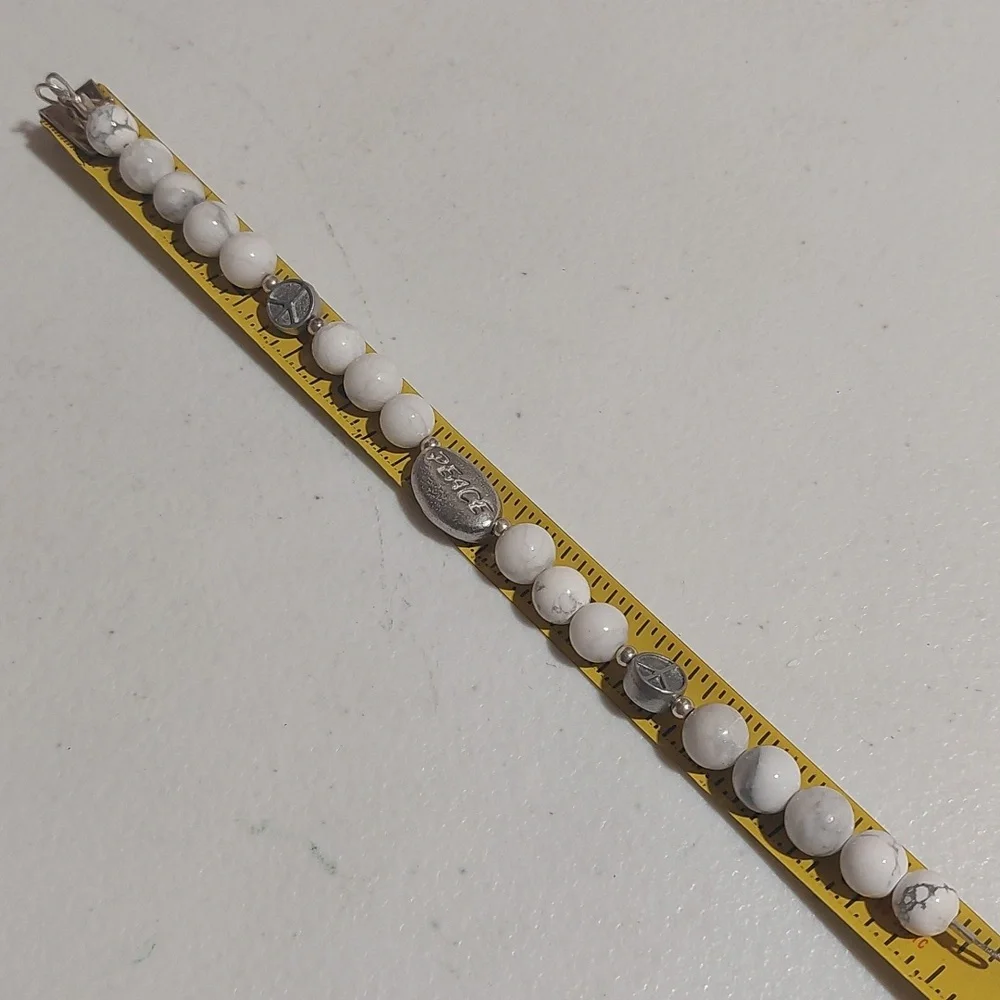 White Howlite Bead Bracelet with Silver Tone Accent PEACE Charm Peace Spacers